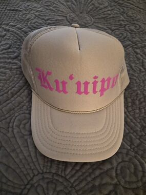 ALOHA Collection Beige Trucker Hat with Pink Ku'uipo Logo